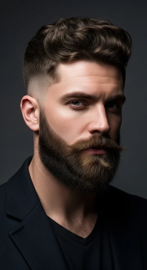 High Fade Curly Hair with Beard