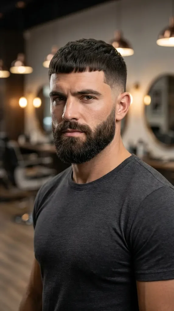 Caesar Cut with Low Taper and Beard