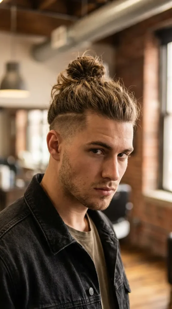 Textured Top Knot with Sharp Undercut