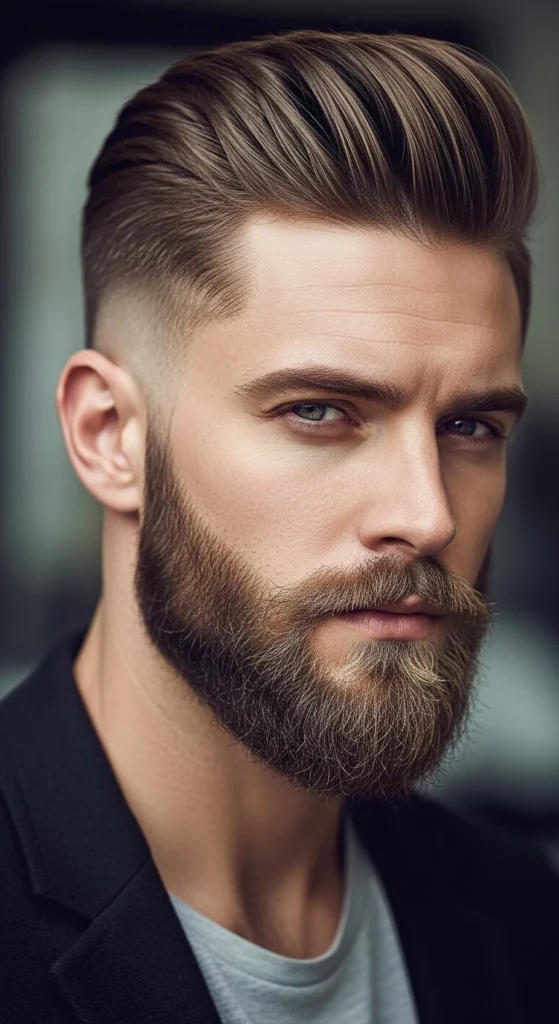 Drop Fade Pompadour with Beard