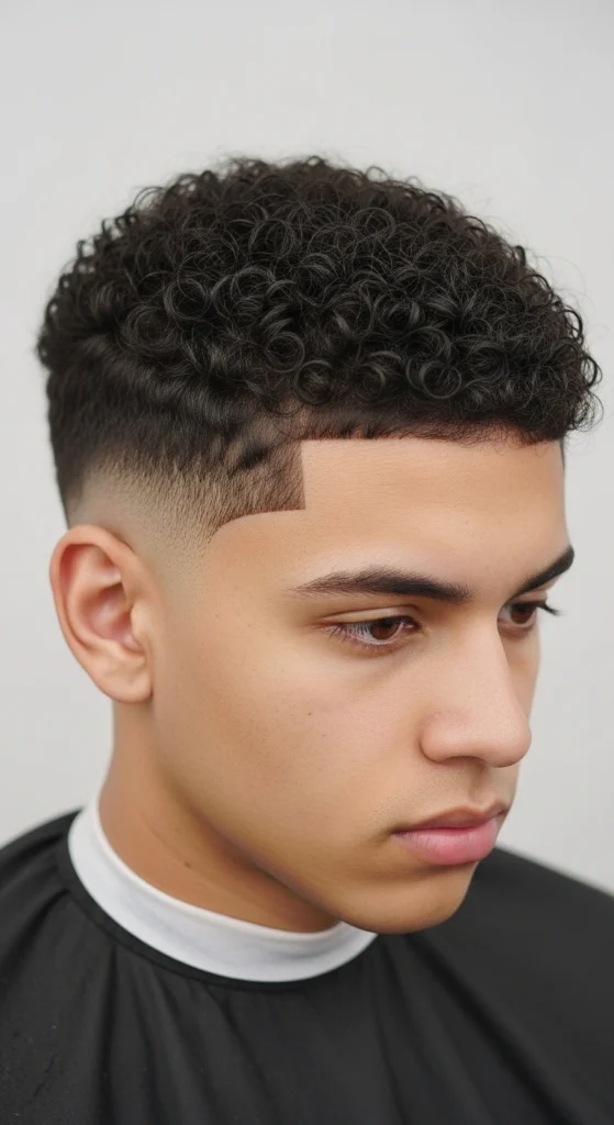 Low Taper Fade Curly Hair with Design