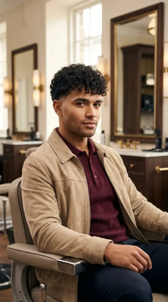 Low Taper Fade with Curly Fringe