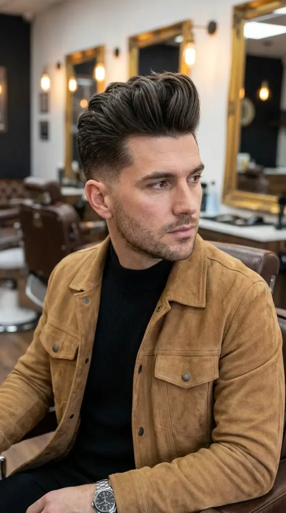 Low Taper Fade with High Volume Pompadour