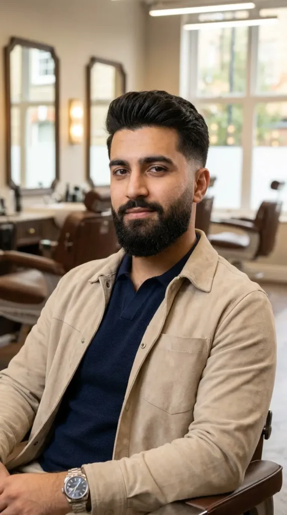 Low Taper Fade with Textured Quiff and Beard