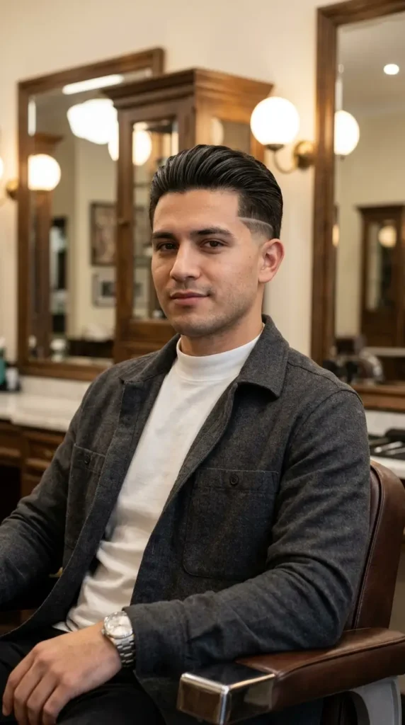 Low Taper Fade with Full Slick Back and Design