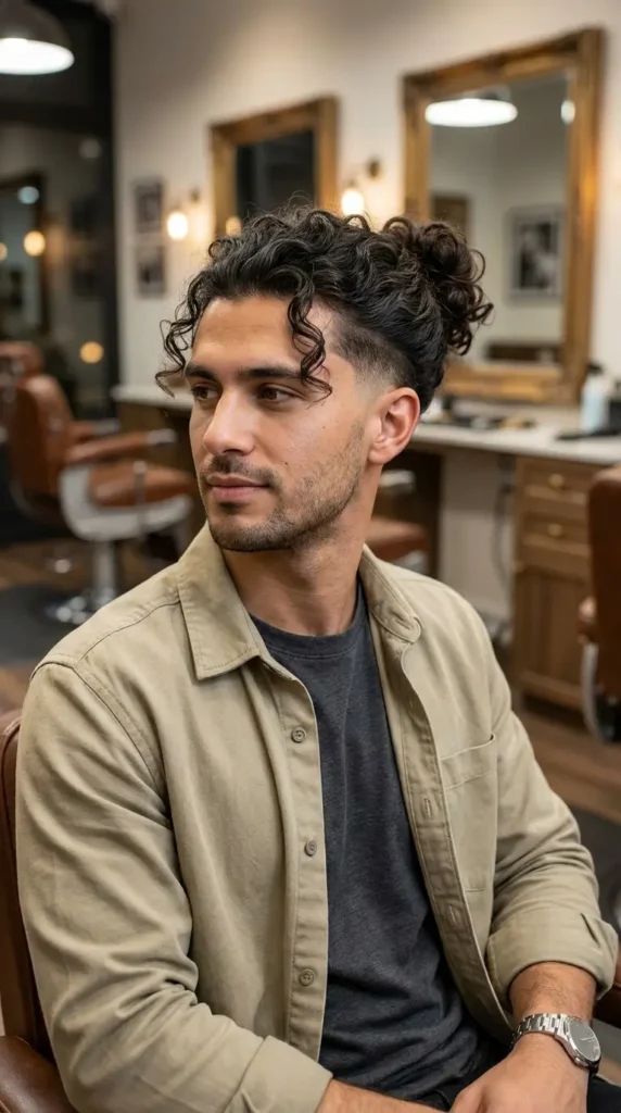Low Taper Fade with Curly Man Bun