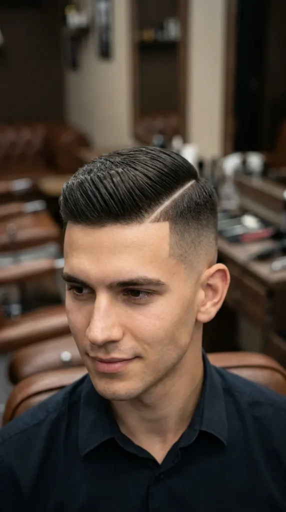 High Fade with Hard Part Comb Over