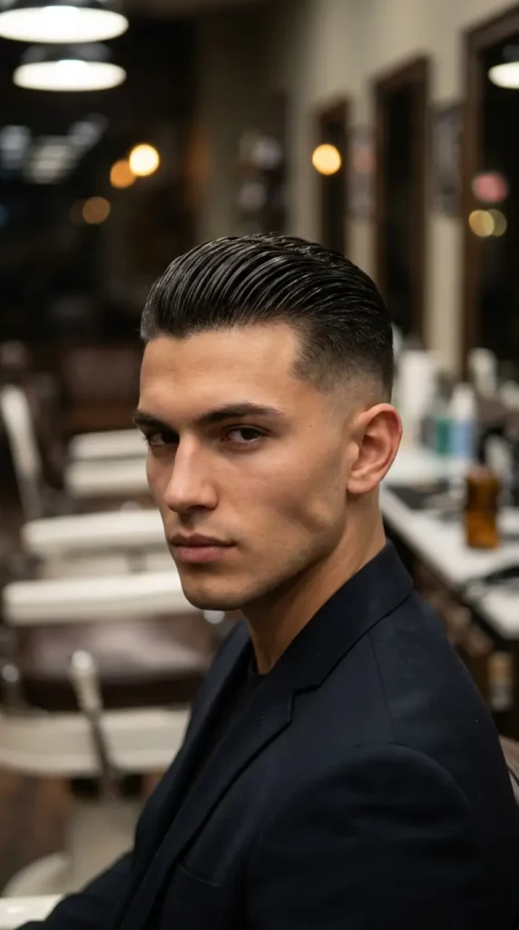 High Fade with Wet-Look Slick Back